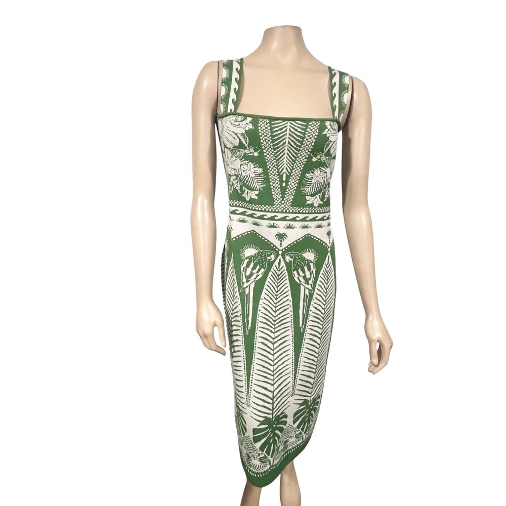 Farm Rio Green White Tropical Parrot Knit Bodycon Midi Square Neck Resort XL